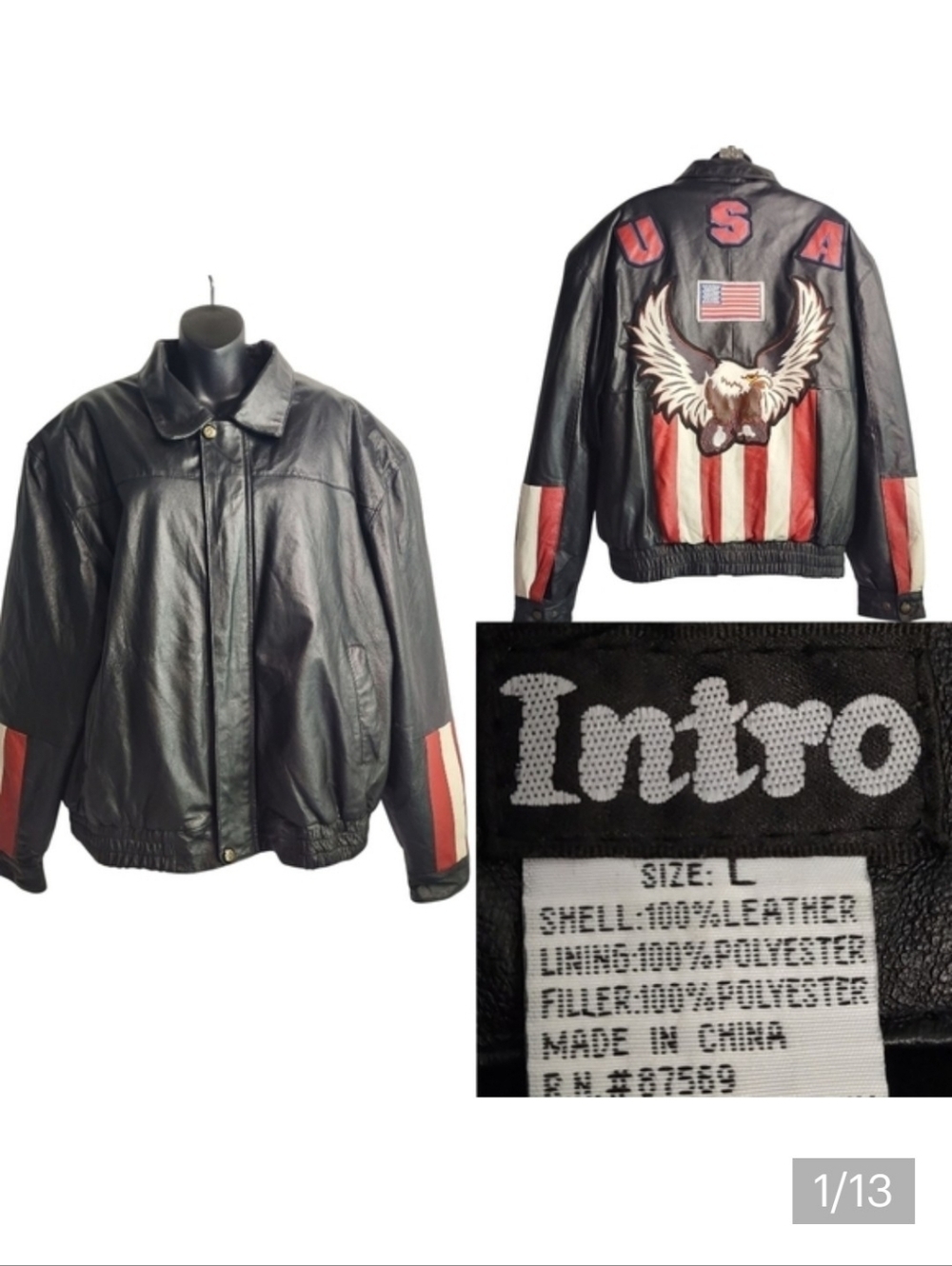 Vintage Intro Mens Bomber Leather Jacket USA Flag Bald Eagle Biker Patchwork L